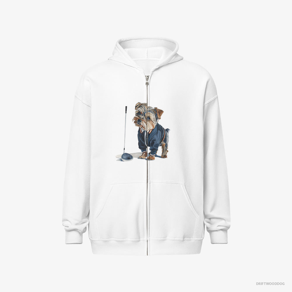 Yorkshire Terrier Hoodie – Women White Hoodie Full-Zip – in the Golf Zone (on White Background)