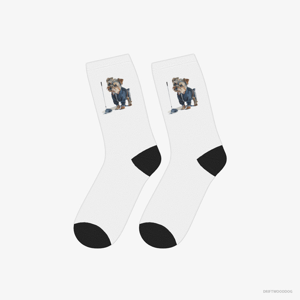 Yorkshire Terrier Socks – Unisex White Socks Classic – in the Golf Zone (on White Background)