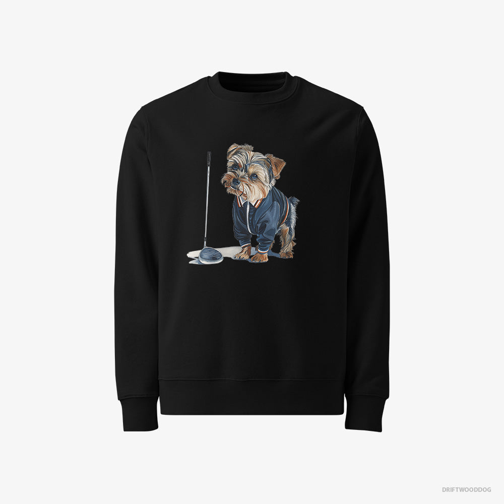 Yorkshire Terrier Sweatshirt – Women Black Sweatshirt Classic – in the Golf Zone (on White Background)