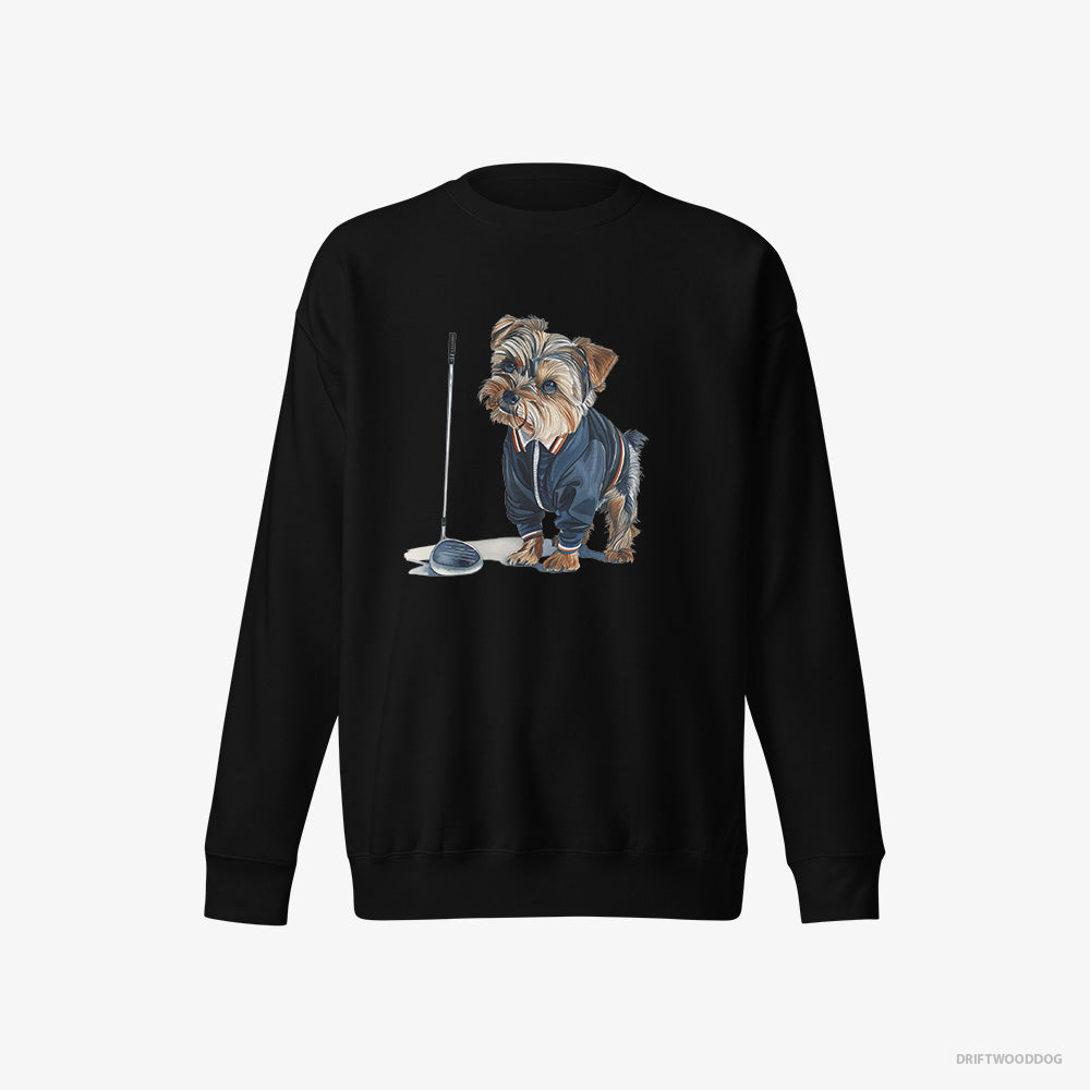 Yorkshire Terrier Sweatshirt – Women Black Sweatshirt Eco-Friendly – in the Golf Zone (on White Background)