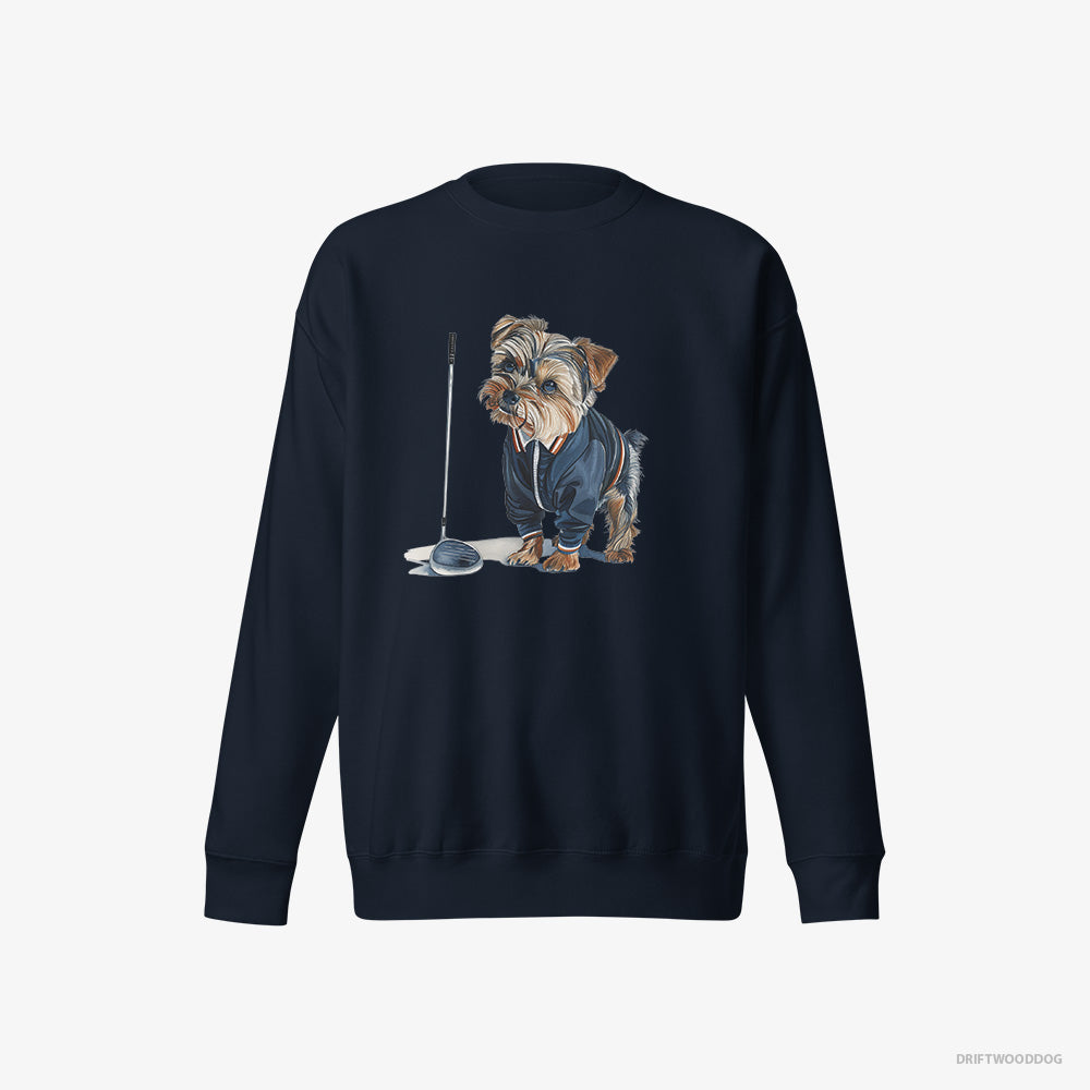 Yorkshire Terrier Sweatshirt – Men Navy Sweatshirt Eco-Friendly – in the Golf Zone (on White Background)