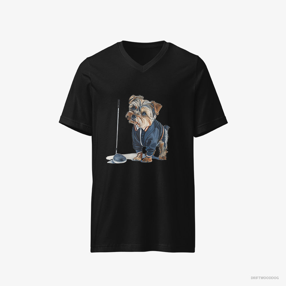 Yorkshire Terrier T-Shirt – Men Black T-Shirt V-Neck – in the Golf Zone (on White Background)