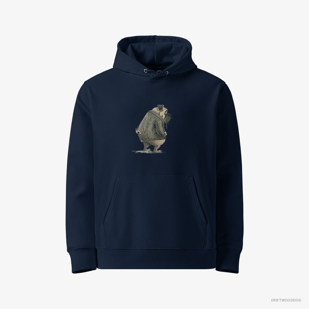 Pug Hoodie – Women Navy Hoodie Eco-Friendly – Being Sad (on White Background)