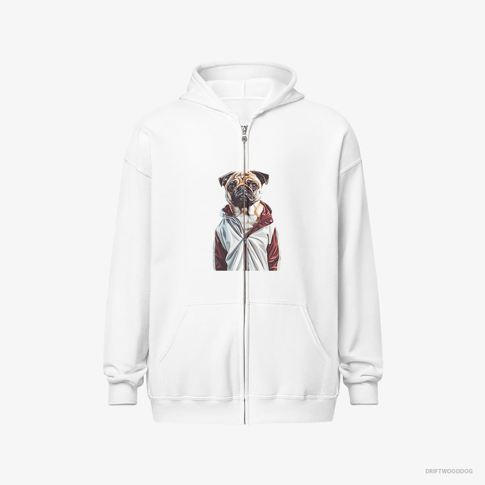 Pug Hoodie – Women White Hoodie Full-Zip – Ready to Hit the Gym (on White Background)