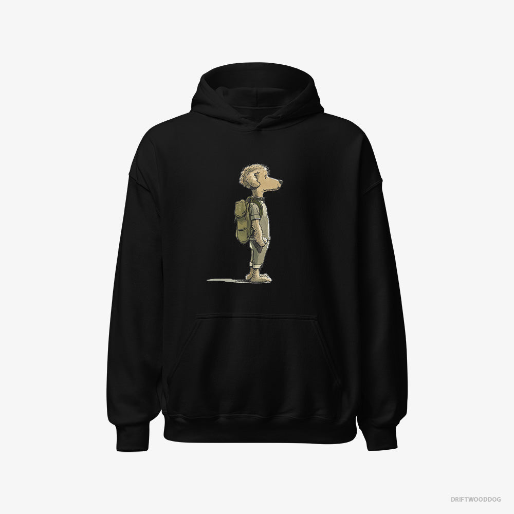 Poodle Hoodie – Men Black Hoodie Classic – Hiking with a Backpack (on White Background)