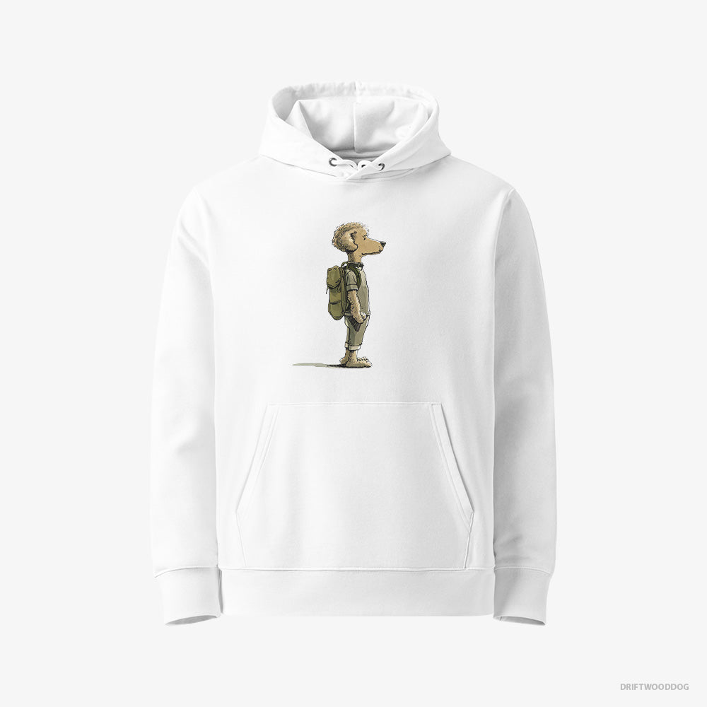 Poodle Hoodie – Men White Hoodie Eco-Friendly – Hiking with a Backpack (on White Background)