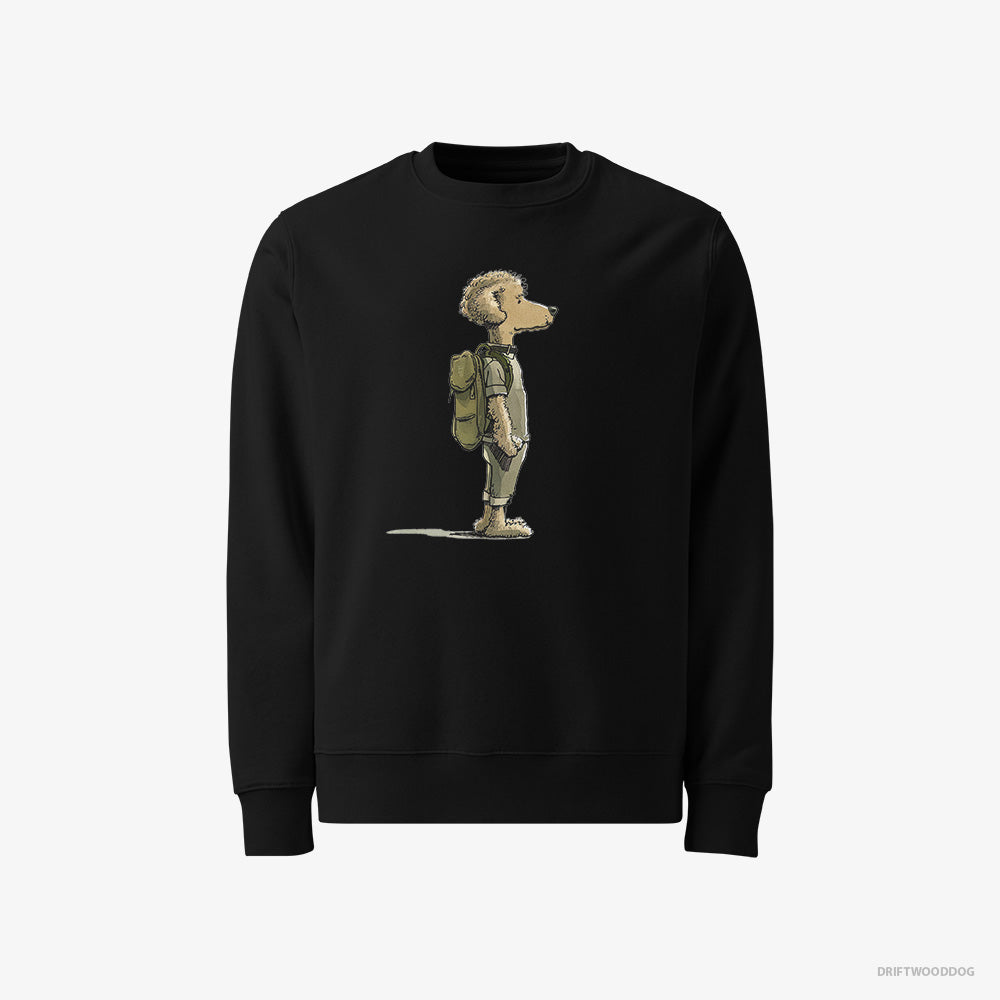 Poodle Sweatshirt – Men Black Sweatshirt Classic – Hiking with a Backpack (on White Background)