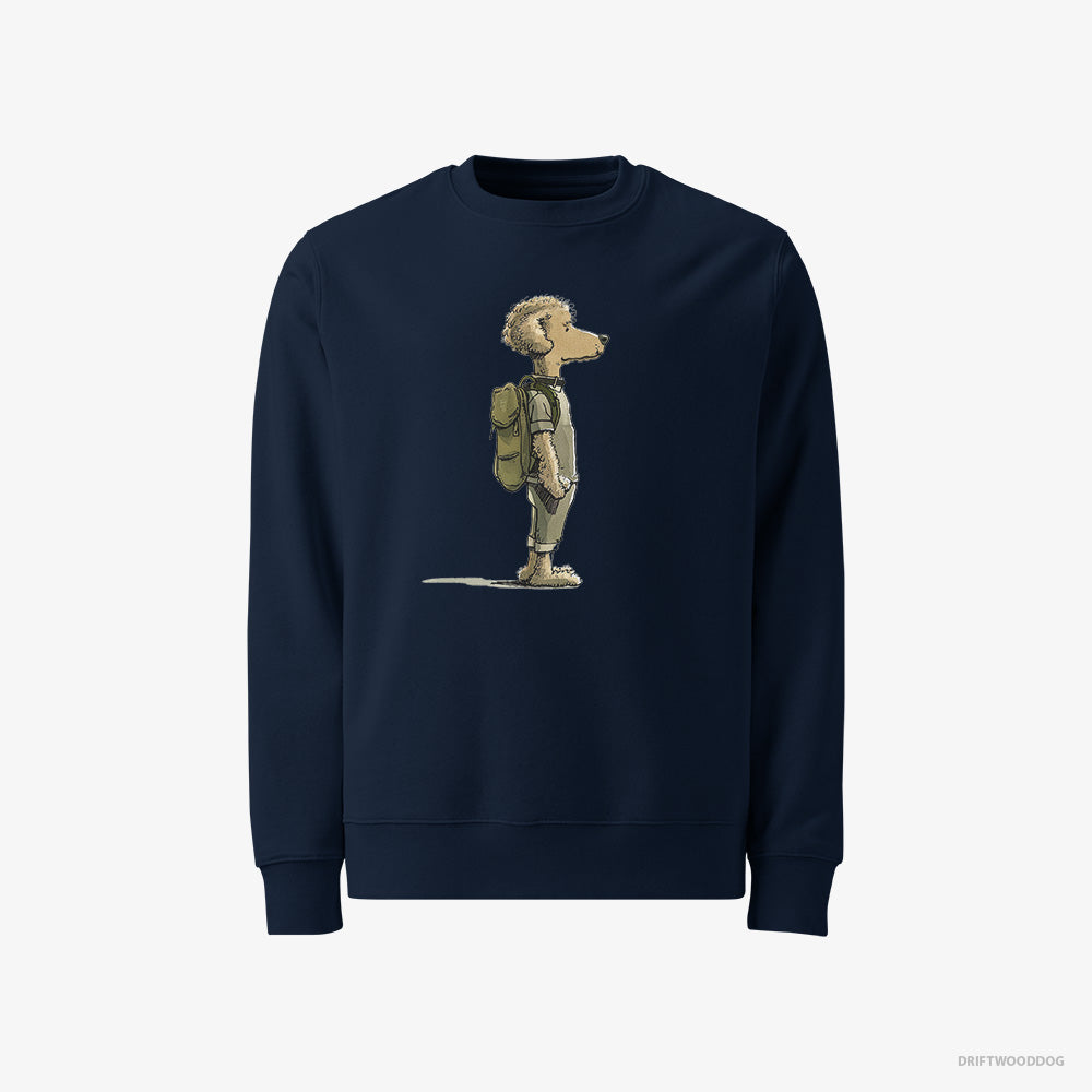 Poodle Sweatshirt – Men Navy Sweatshirt Classic – Hiking with a Backpack (on White Background)