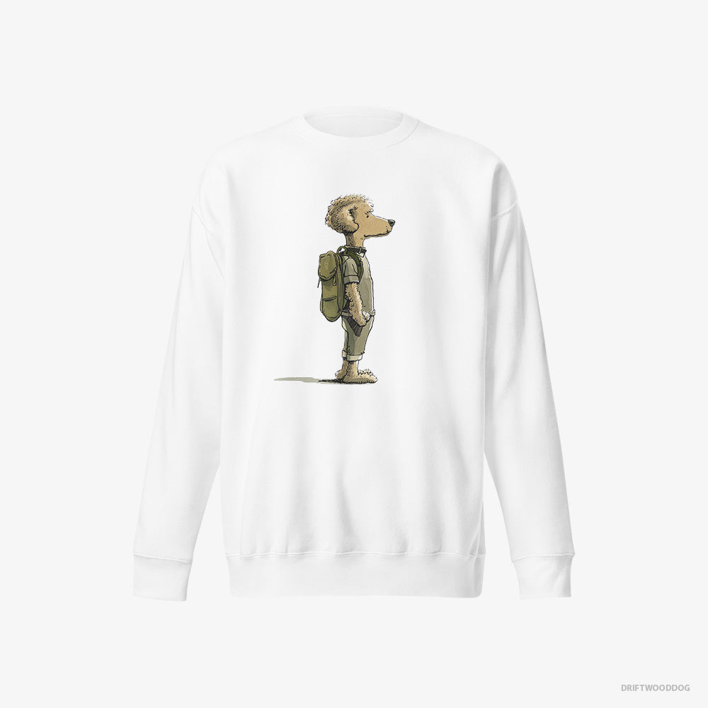 Poodle Sweatshirt – Men White Sweatshirt Eco-Friendly – Hiking with a Backpack (on White Background)