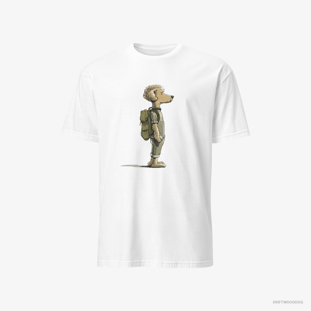 Poodle T-Shirt – Men White T-Shirt Classic – Hiking with a Backpack (on White Background)