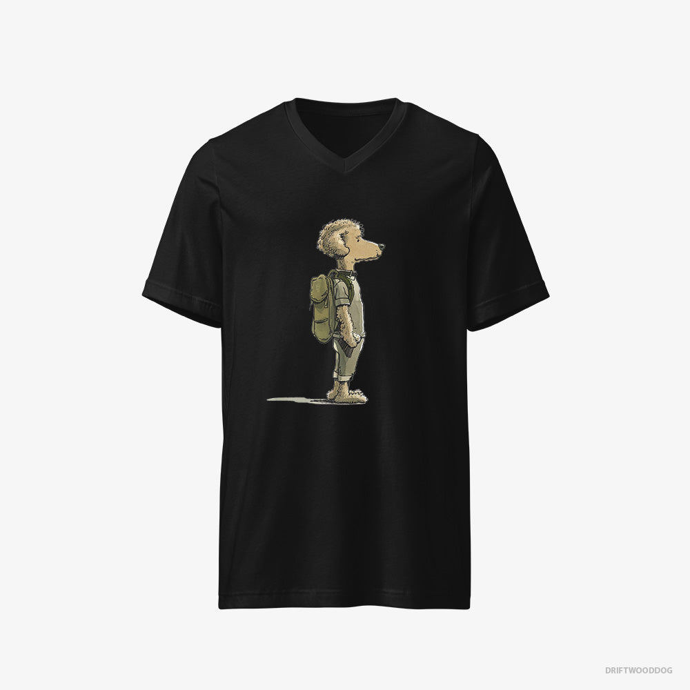 Poodle T-Shirt – Men Black T-Shirt V-Neck – Hiking with a Backpack (on White Background)