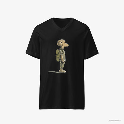 Poodle T-Shirt – Men Black T-Shirt V-Neck – Hiking with a Backpack (on White Background)