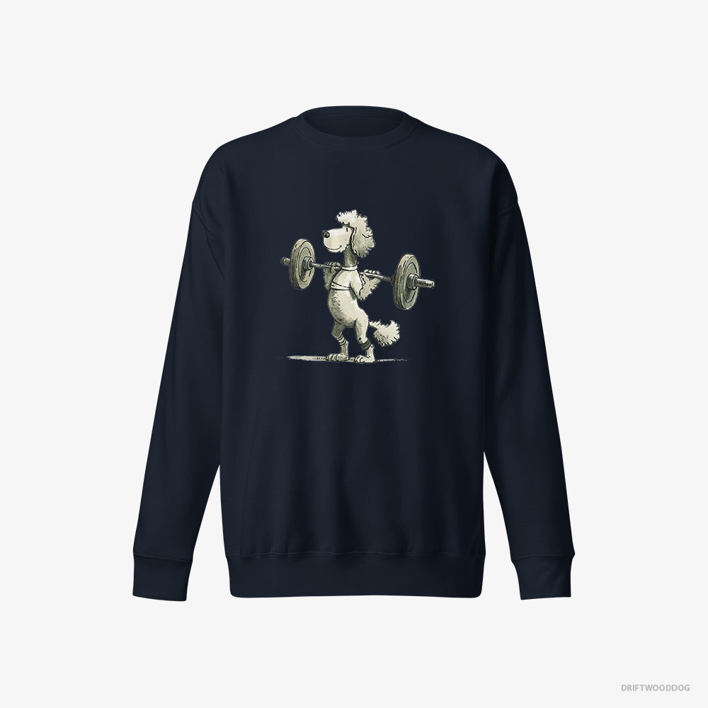 Poodle Sweatshirt – Women Navy Sweatshirt Eco-Friendly – Breaking Weightlifting Records (on White Background)