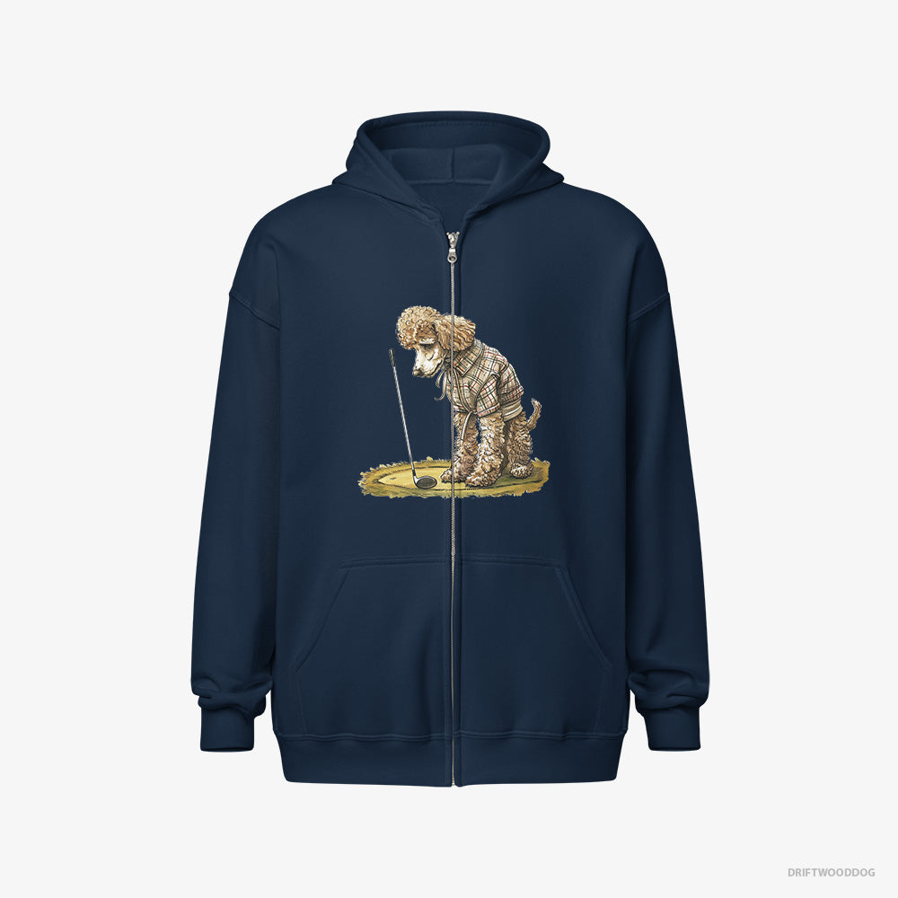 Poodle Hoodie – Men Navy Hoodie Full-Zip – on the Golf Course (on White Background)