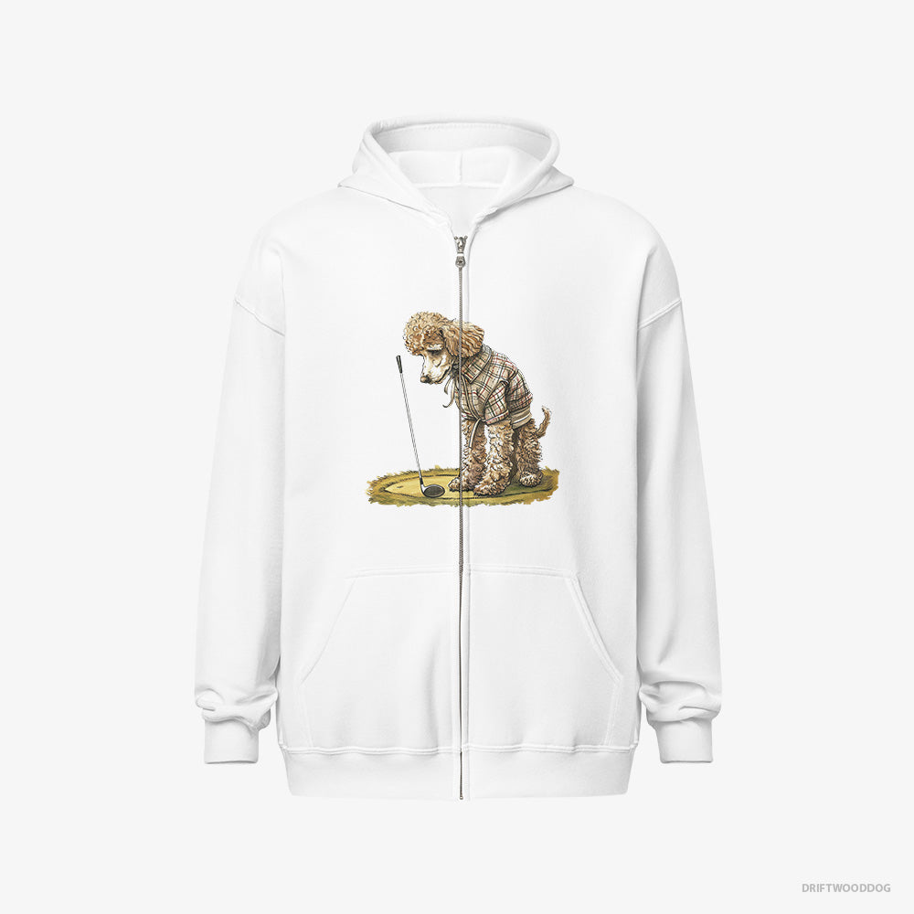 Poodle Hoodie – Women White Hoodie Full-Zip – on the Golf Course (on White Background)