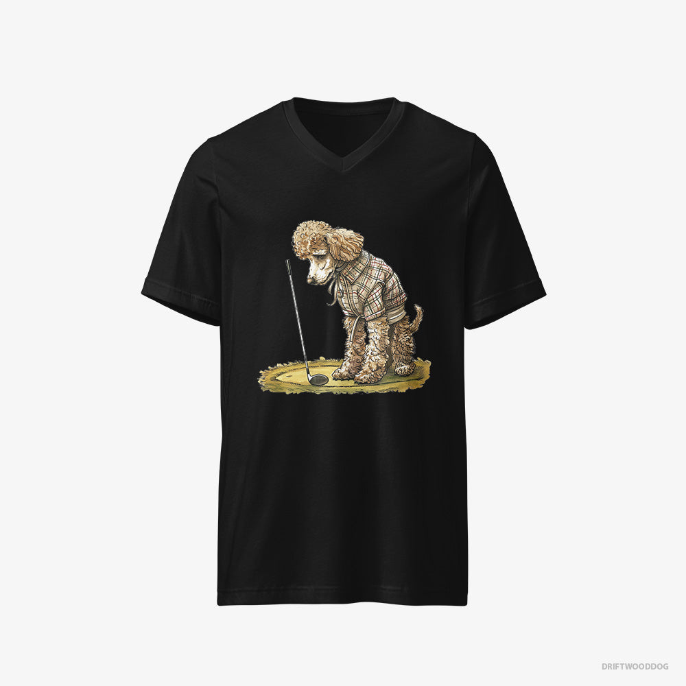 Poodle T-Shirt – Men Black T-Shirt V-Neck – on the Golf Course (on White Background)