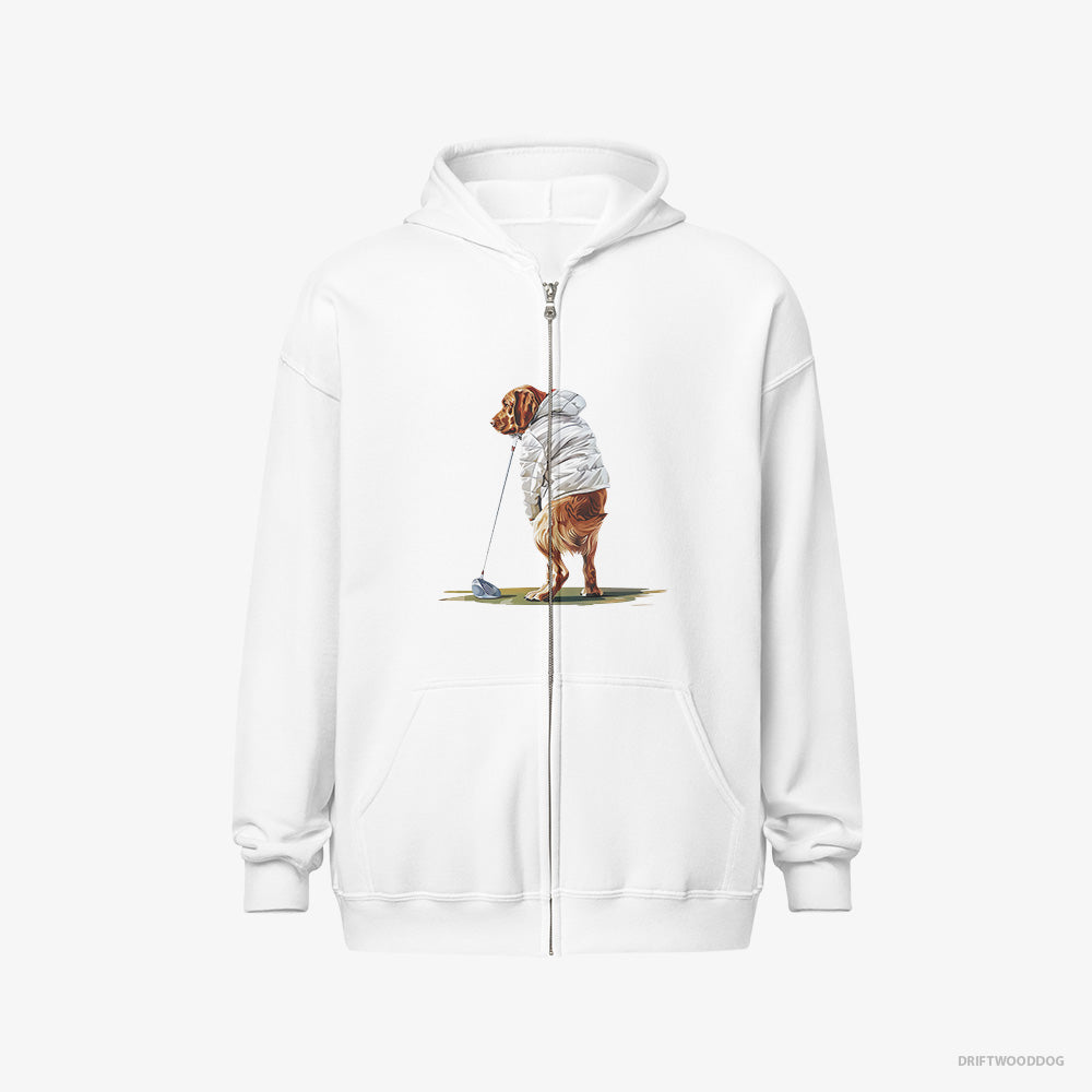 Labrador Retriever Hoodie – Women White Hoodie Full-Zip – Perfecting the Golf Shot (on White Background)