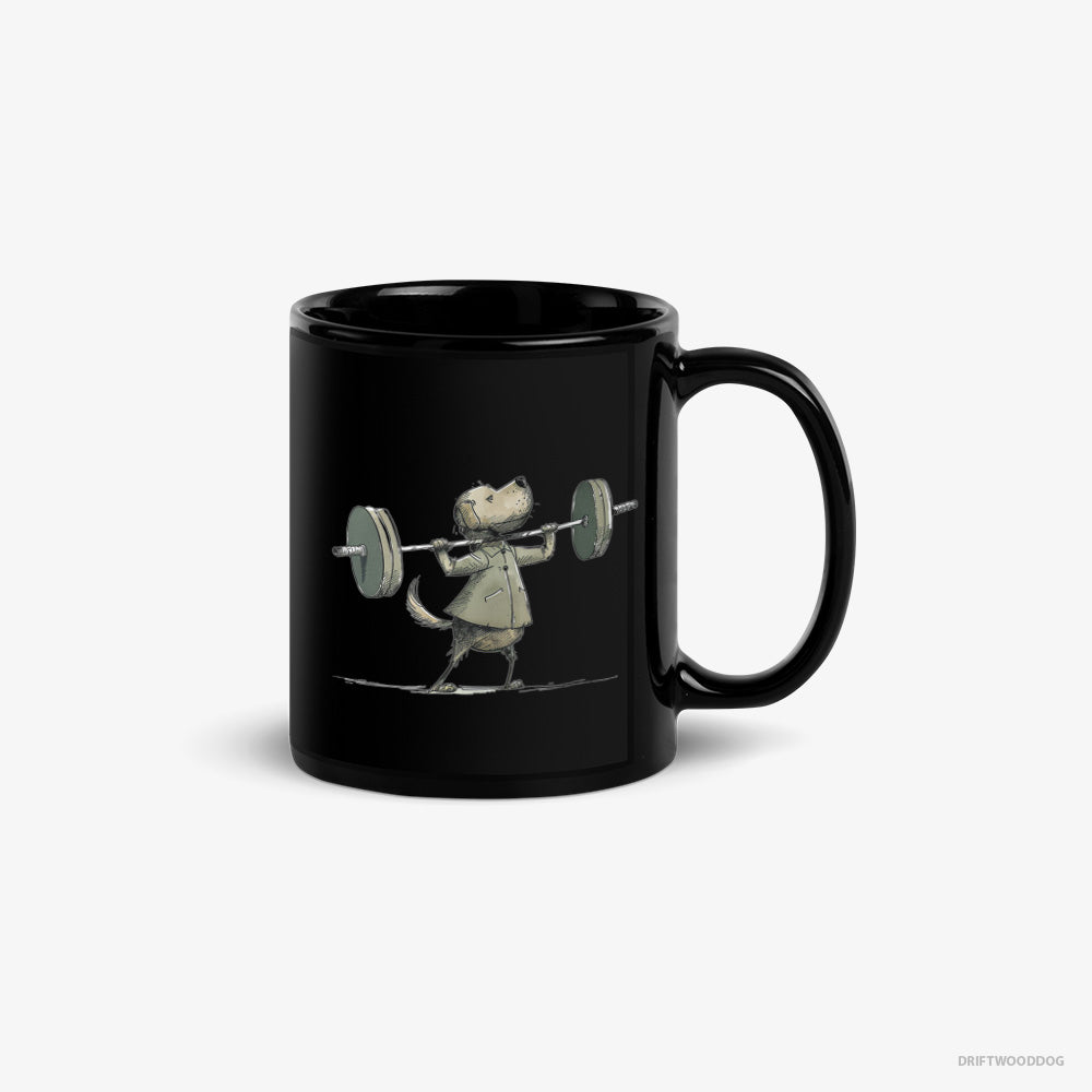 Golden Retriever Mug – Unisex Black Mug Classic – Building Muscles (on White Background)