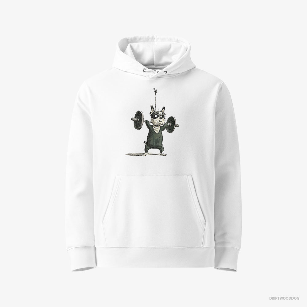 French Bulldog Hoodie – Men White Hoodie Eco-Friendly – Powerlifting for Glory (on White Background)