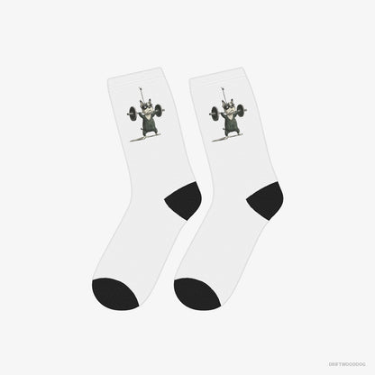 French Bulldog Socks – Unisex White Socks Classic – Powerlifting for Glory (on White Background)