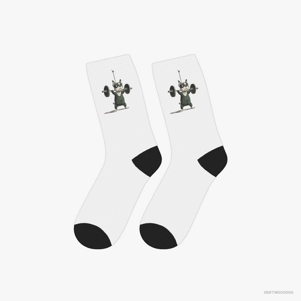 French Bulldog Socks – Unisex White Socks Eco-Friendly – Powerlifting for Glory (on White Background)