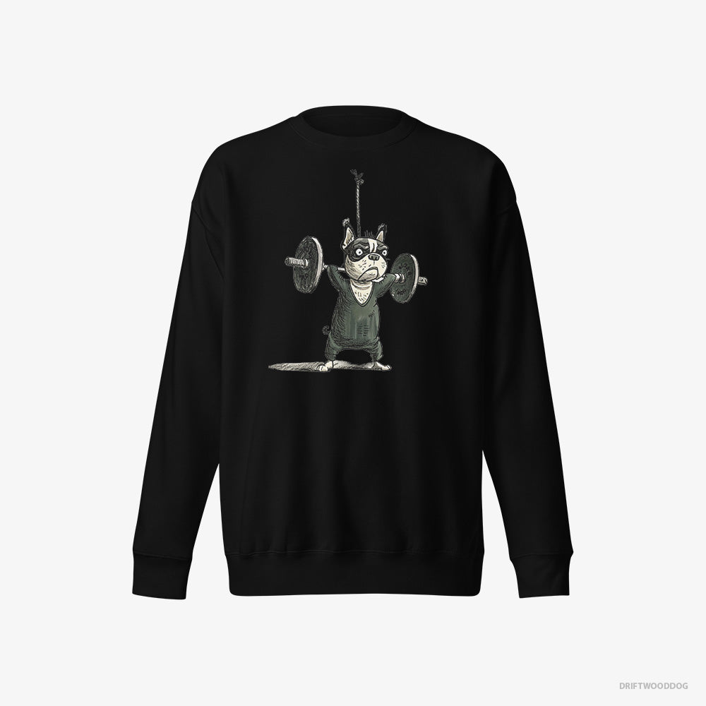 French Bulldog Sweatshirt – Men Black Sweatshirt Eco-Friendly – Powerlifting for Glory (on White Background)