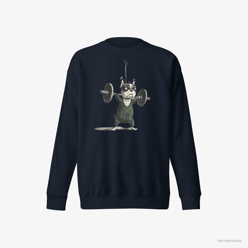 French Bulldog Sweatshirt – Men Navy Sweatshirt Eco-Friendly – Powerlifting for Glory (on White Background)