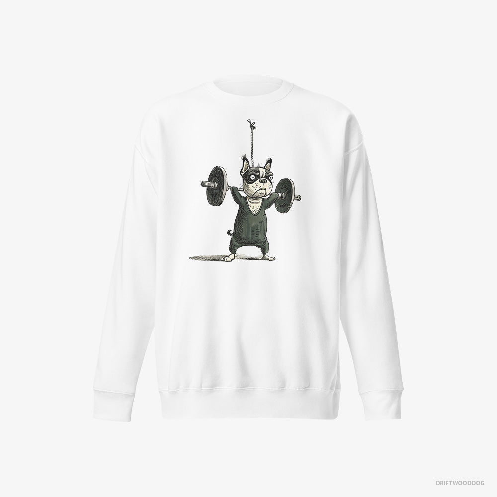 French Bulldog Sweatshirt – Men White Sweatshirt Eco-Friendly – Powerlifting for Glory (on White Background)