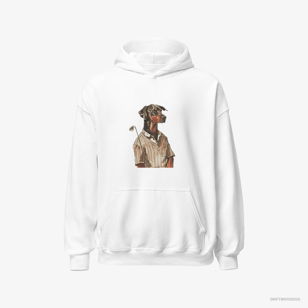 Dobermann Hoodie – Men White Hoodie Classic – Enjoying a Day of Golf (on White Background)