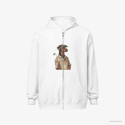 Dobermann Hoodie – Men White Hoodie Full-Zip – Enjoying a Day of Golf (on White Background)