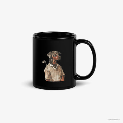 Dobermann Mug – Unisex Black Mug Classic – Enjoying a Day of Golf (on White Background)