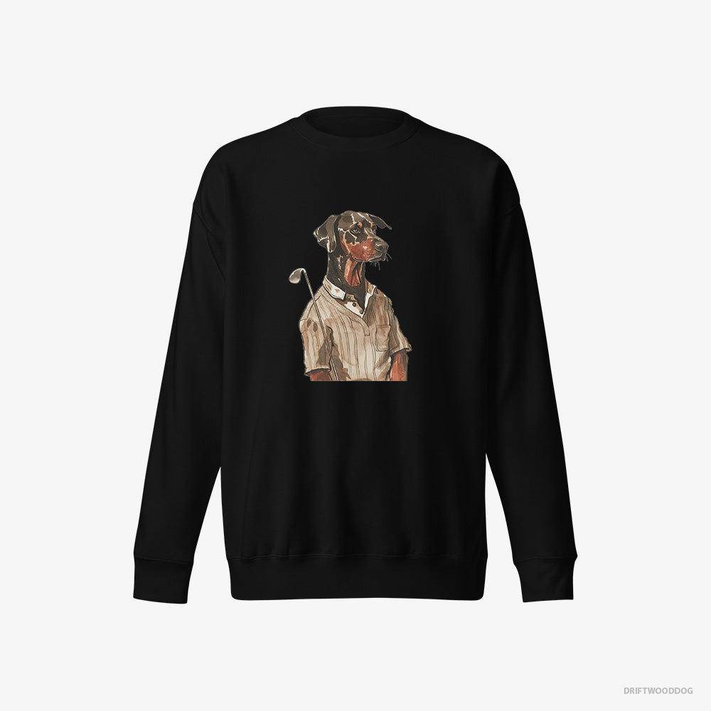 Dobermann Sweatshirt – Women Black Sweatshirt Eco-Friendly – Enjoying a Day of Golf (on White Background)