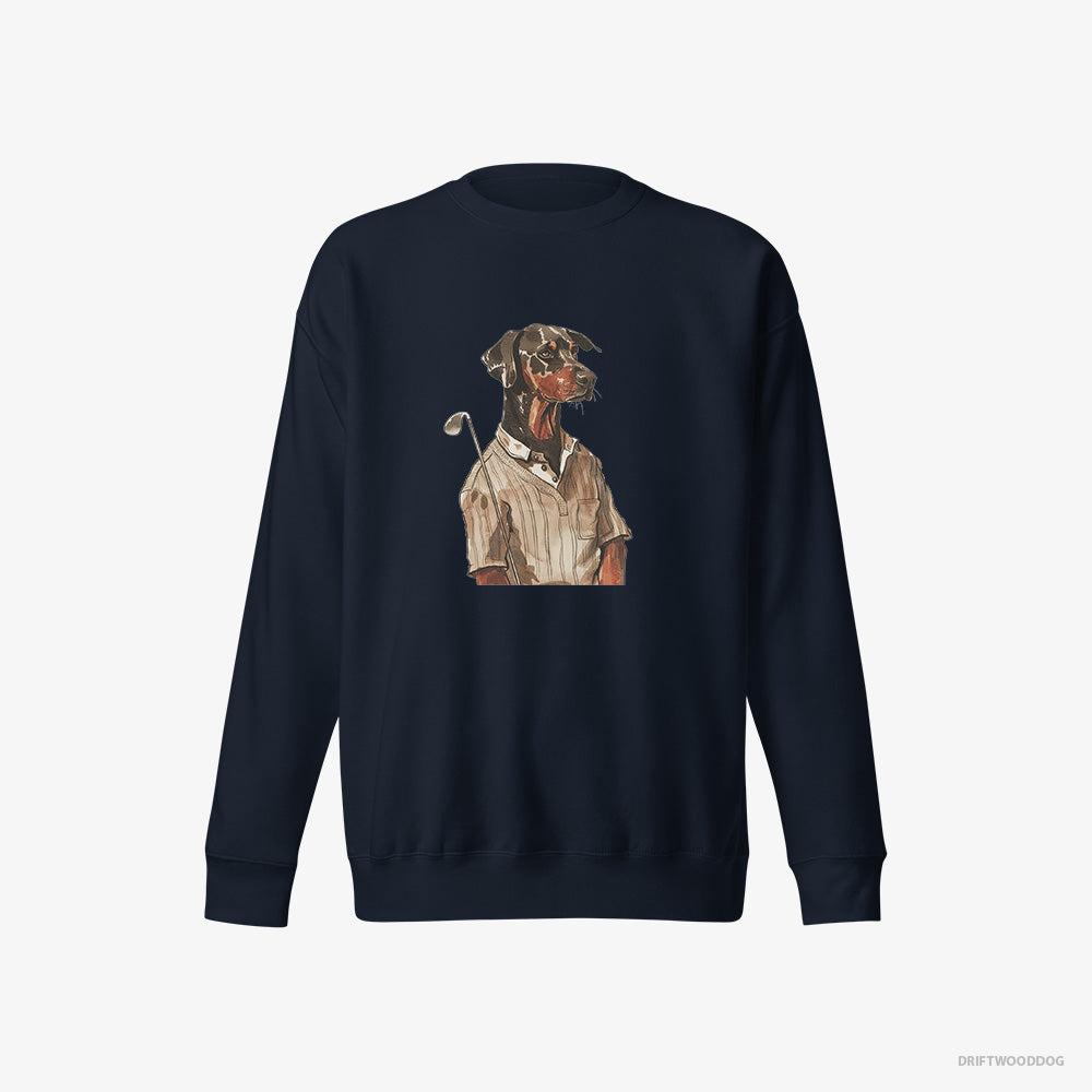 Dobermann Sweatshirt – Men Navy Sweatshirt Eco-Friendly – Enjoying a Day of Golf (on White Background)