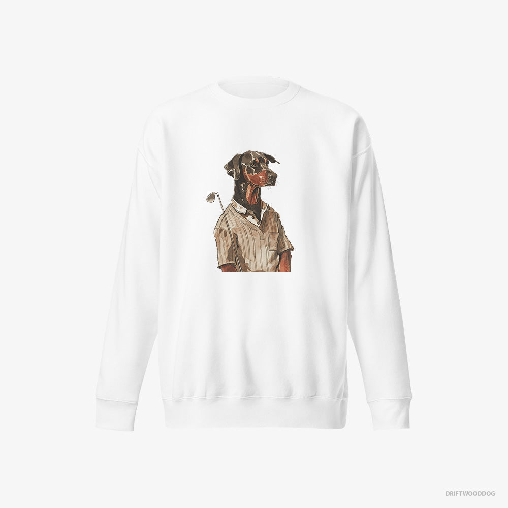 Dobermann Sweatshirt – Men White Sweatshirt Eco-Friendly – Enjoying a Day of Golf (on White Background)