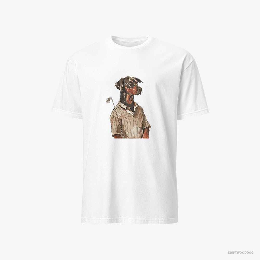 Dobermann T-Shirt – Men White T-Shirt Classic – Enjoying a Day of Golf (on White Background)