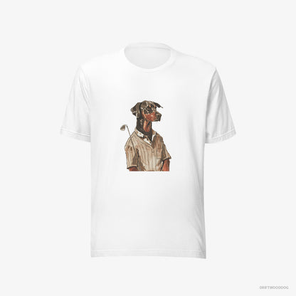 Dobermann T-Shirt – Men White T-Shirt Eco-Friendly – Enjoying a Day of Golf (on White Background)