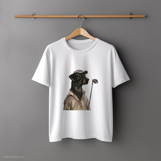 Dobermann Playing a Round of Golf T-Shirt – Unisex Tee for Dog Lovers