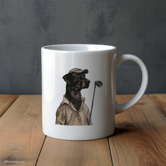 Dobermann Playing a Round of Golf Mug – Unique Dog Cups | Dog-Themed Mugs