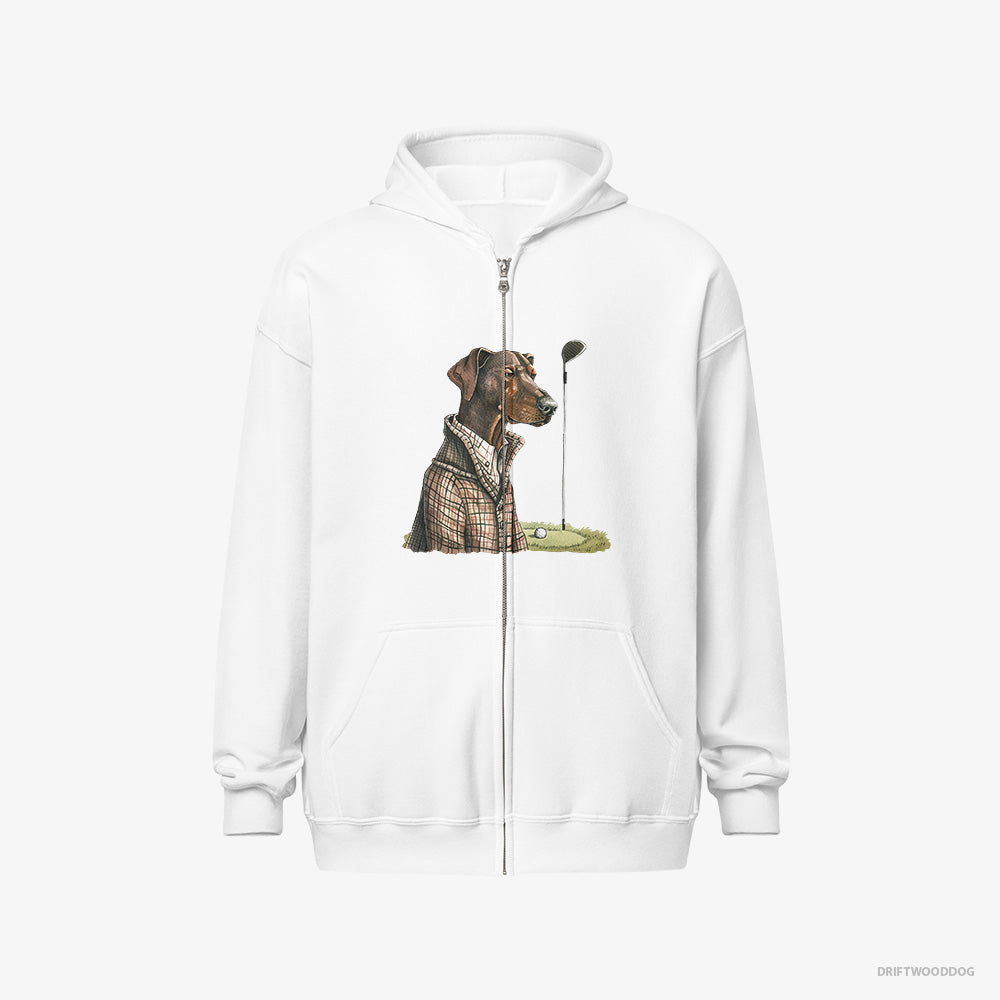 Dobermann Hoodie – Women White Hoodie Full-Zip – Ready to Play Golf (on White Background)