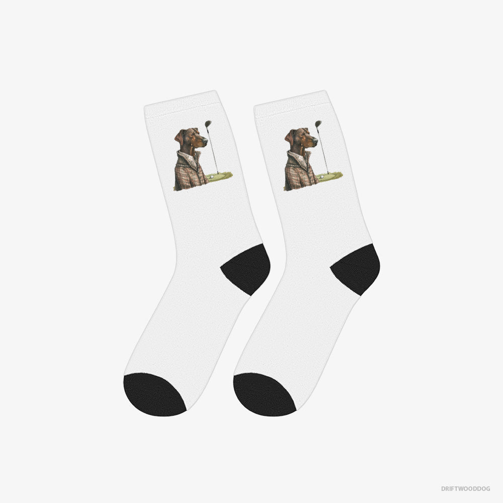 Dobermann Socks – Unisex White Socks Classic – Ready to Play Golf (on White Background)