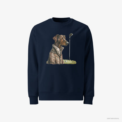 Dobermann Sweatshirt – Men Navy Sweatshirt Classic – Ready to Play Golf (on White Background)