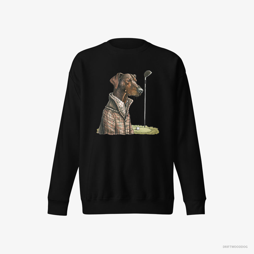 Dobermann Sweatshirt – Women Black Sweatshirt Eco-Friendly – Ready to Play Golf (on White Background)