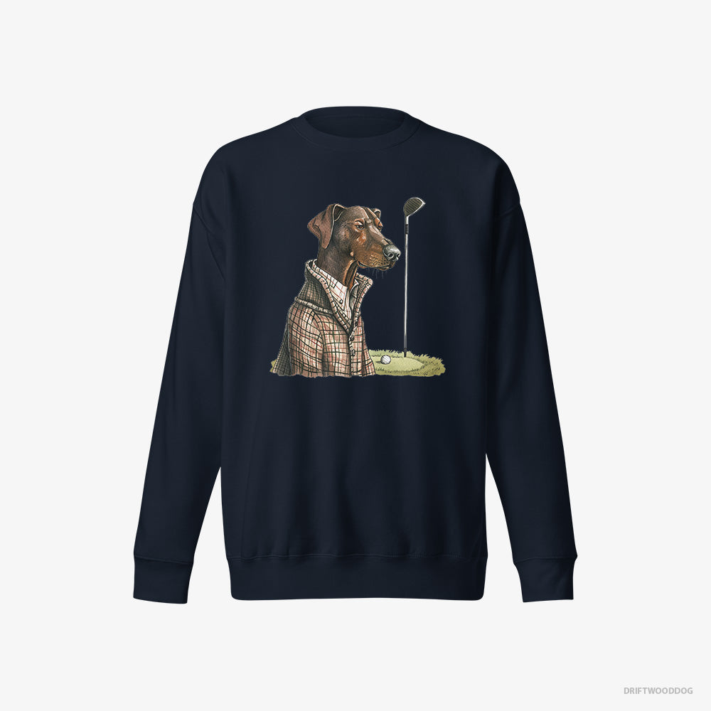 Dobermann Sweatshirt – Men Navy Sweatshirt Eco-Friendly – Ready to Play Golf (on White Background)