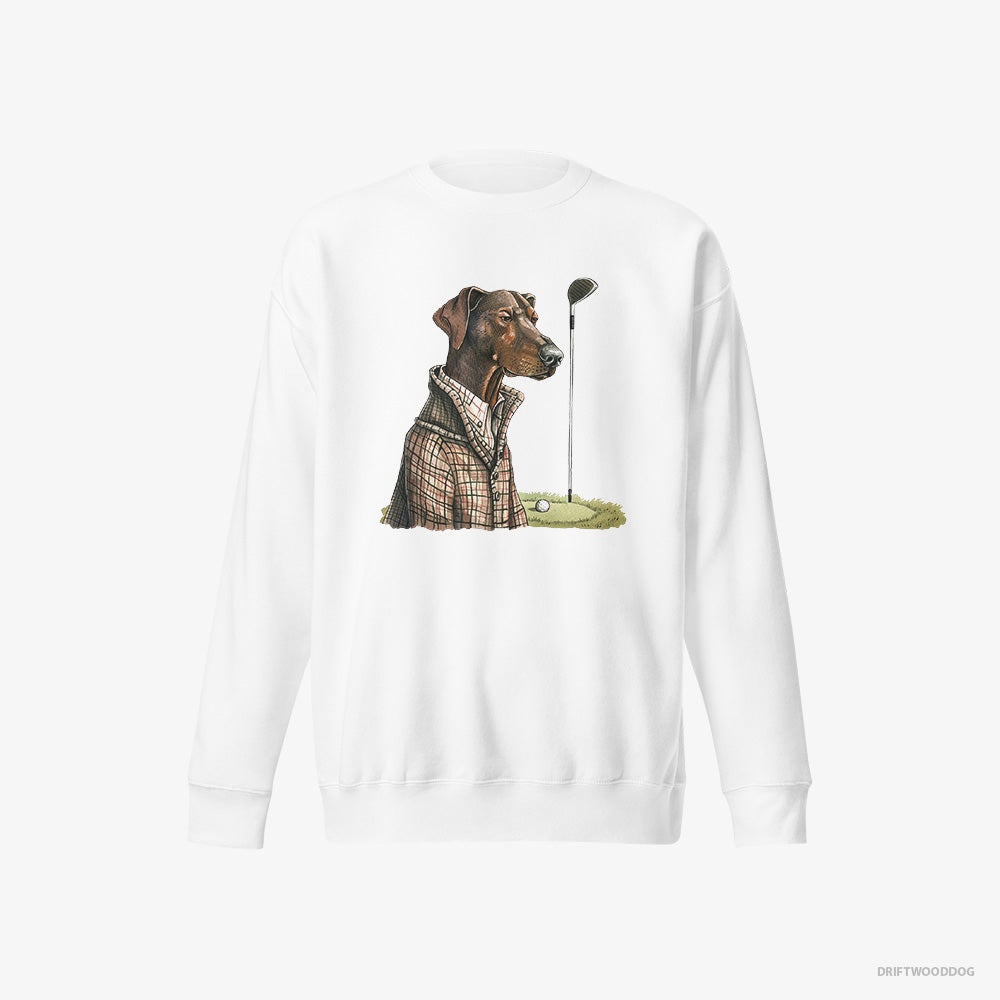 Dobermann Sweatshirt – Men White Sweatshirt Eco-Friendly – Ready to Play Golf (on White Background)