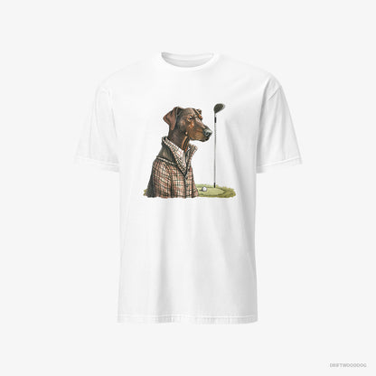 Dobermann T-Shirt – Men White T-Shirt Classic – Ready to Play Golf (on White Background)