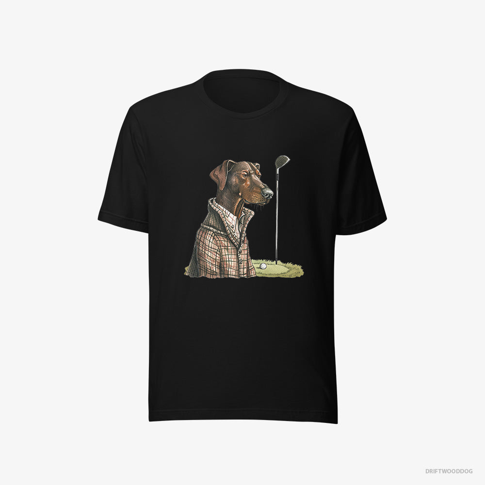 Dobermann T-Shirt – Women Black T-Shirt Eco-Friendly – Ready to Play Golf (on White Background)