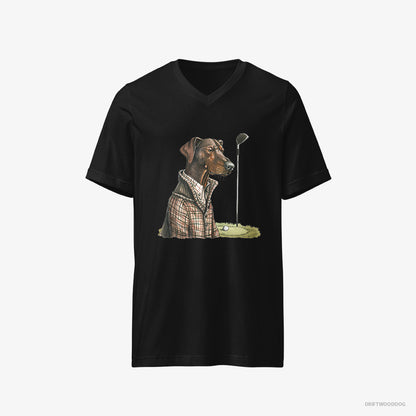 Dobermann T-Shirt – Men Black T-Shirt V-Neck – Ready to Play Golf (on White Background)