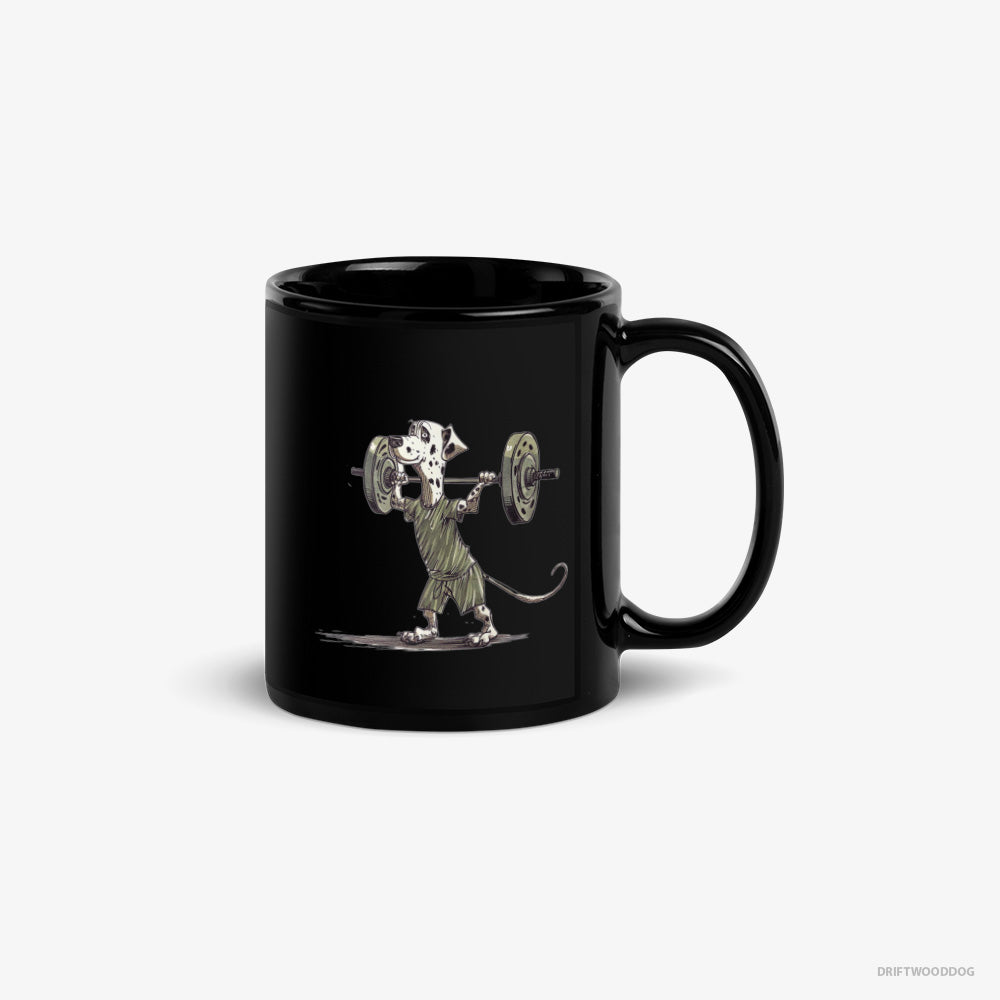 Dalmatian Mug – Unisex Black Mug Classic – Setting Weightlifting Records (on White Background)