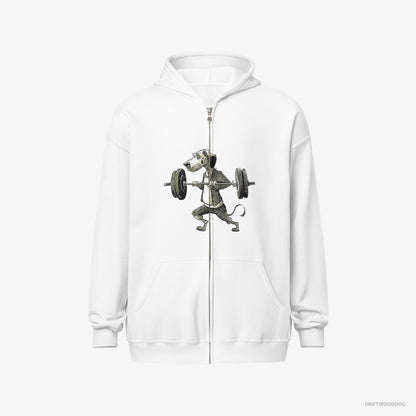 Dalmatian Hoodie – Women White Hoodie Full-Zip – Training for Heavy Lifts (on White Background)