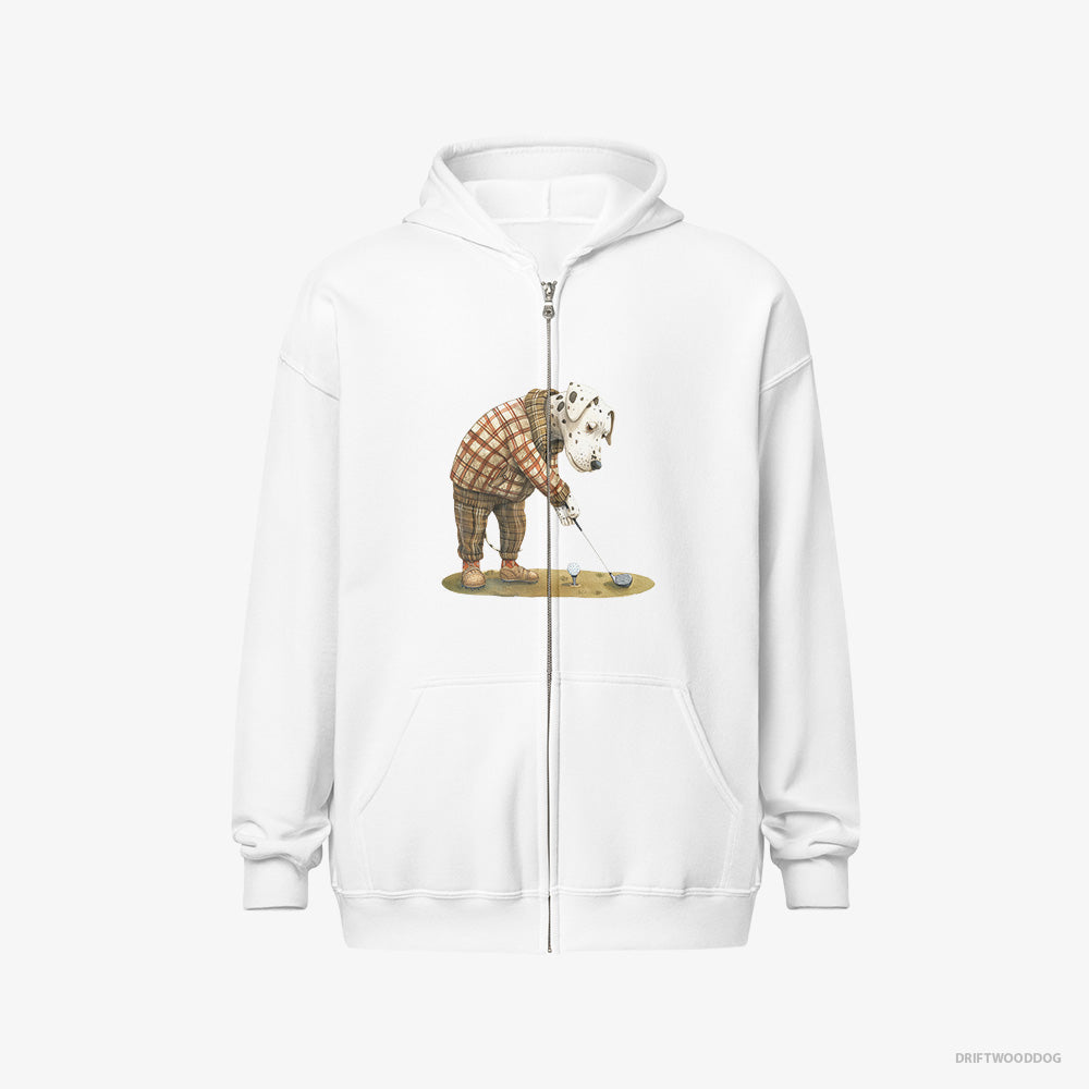 Dalmatian Hoodie – Women White Hoodie Full-Zip – Playing Golf with Style (on White Background)